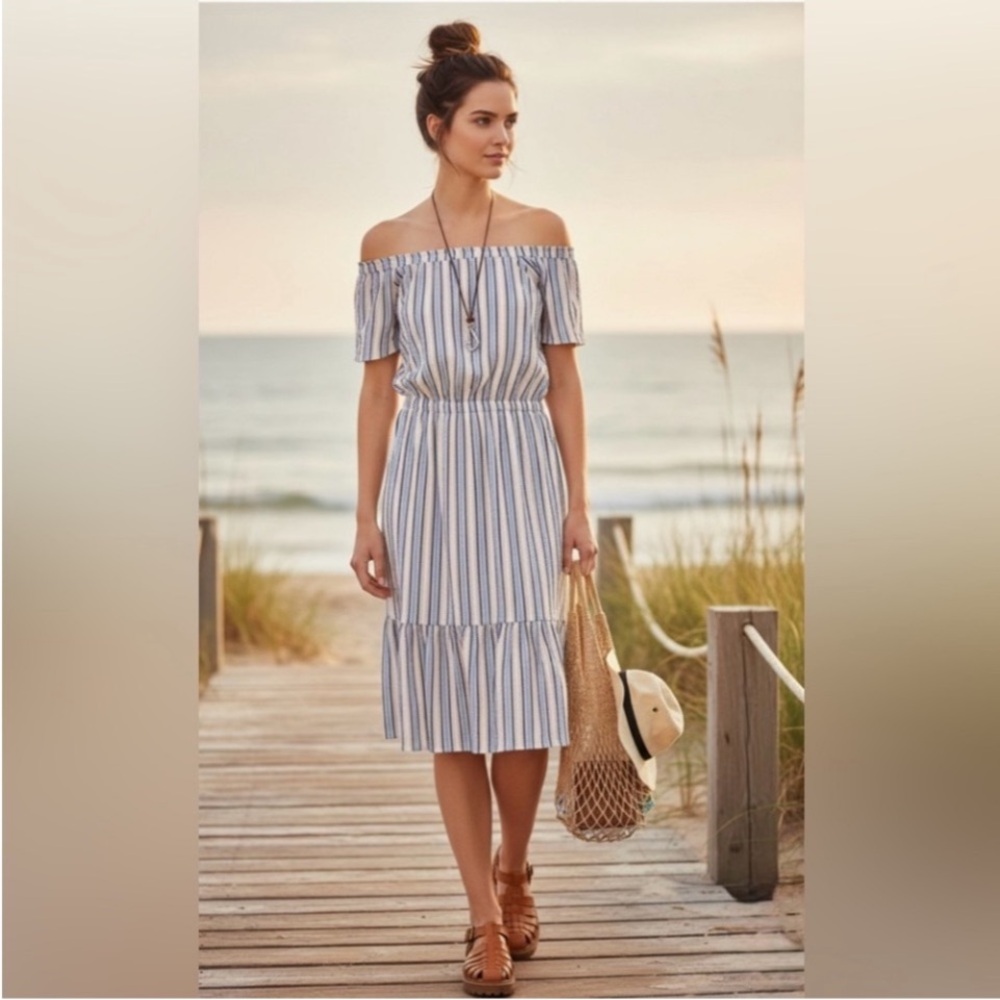 J Crew Mercantile Dress MEDIUM Off The Shoulder Striped Peasant Nautical Gauzy